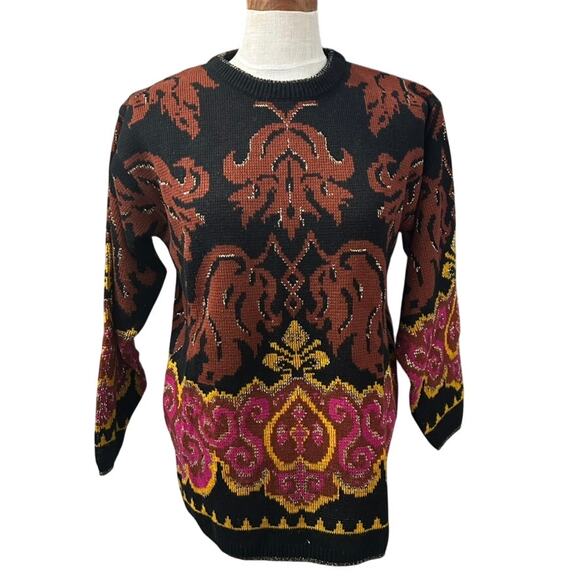 Vintage Leslie Fay Metallic Paisley Sweater Art to Wear Print Cardigan Size M - Picture 1 of 11